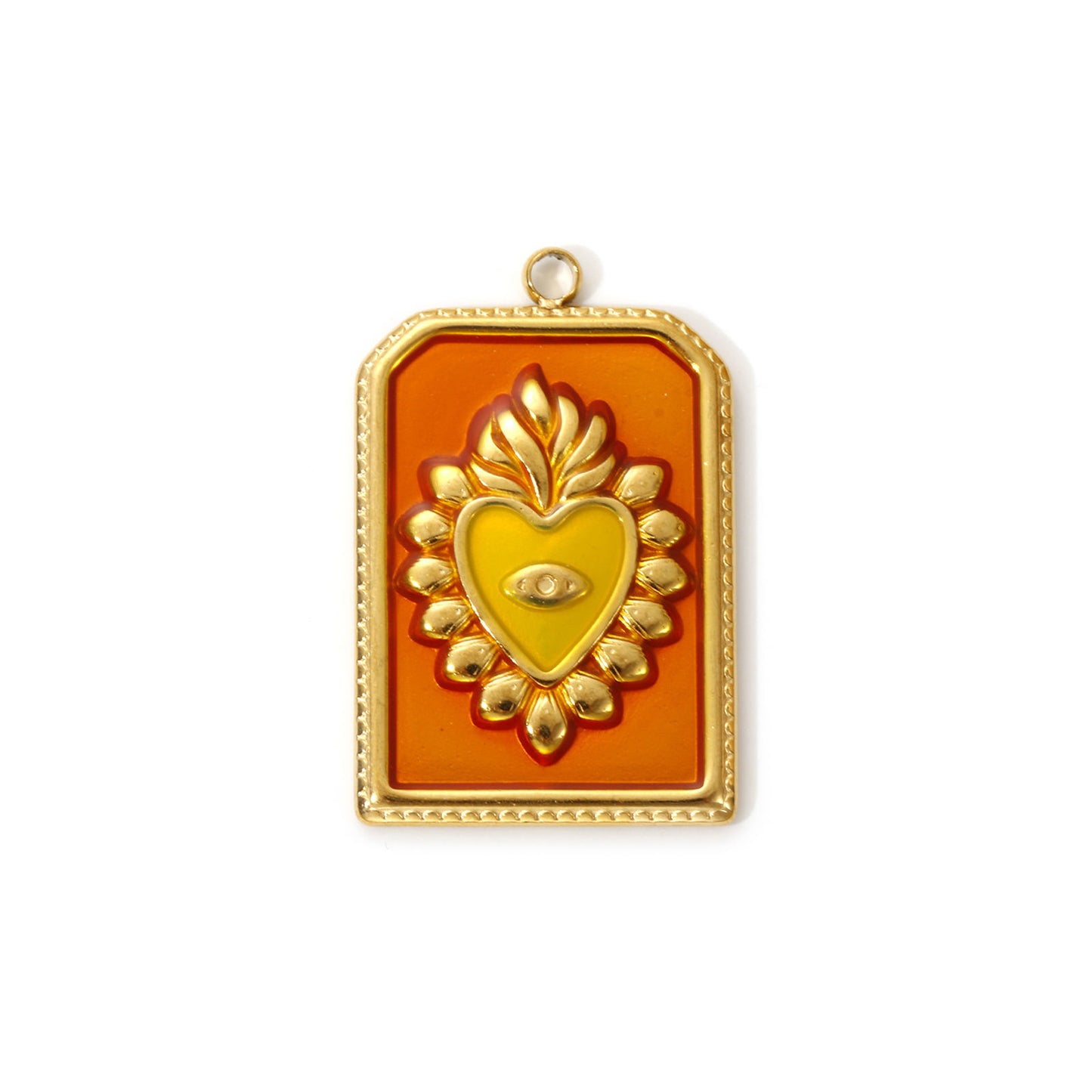 Charms Médaille Rectangle Coeur Ex Voto - Email Orange Jaune