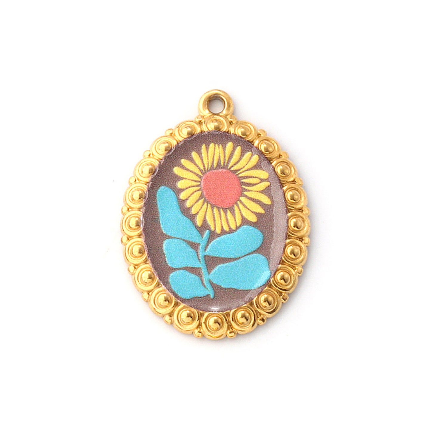 Charms Médaille Oval Marron Fleur Jaune