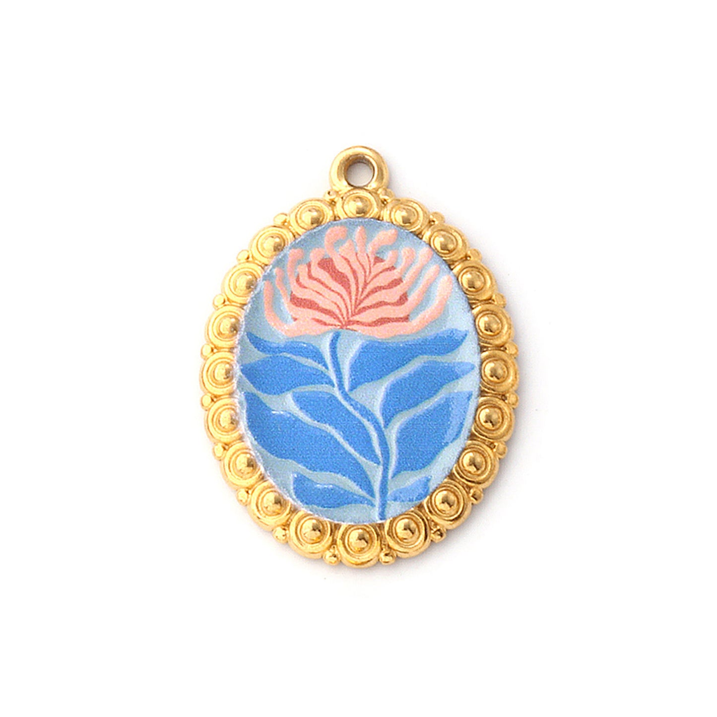 Charms Médaille Oval Bleu Fleur Rose