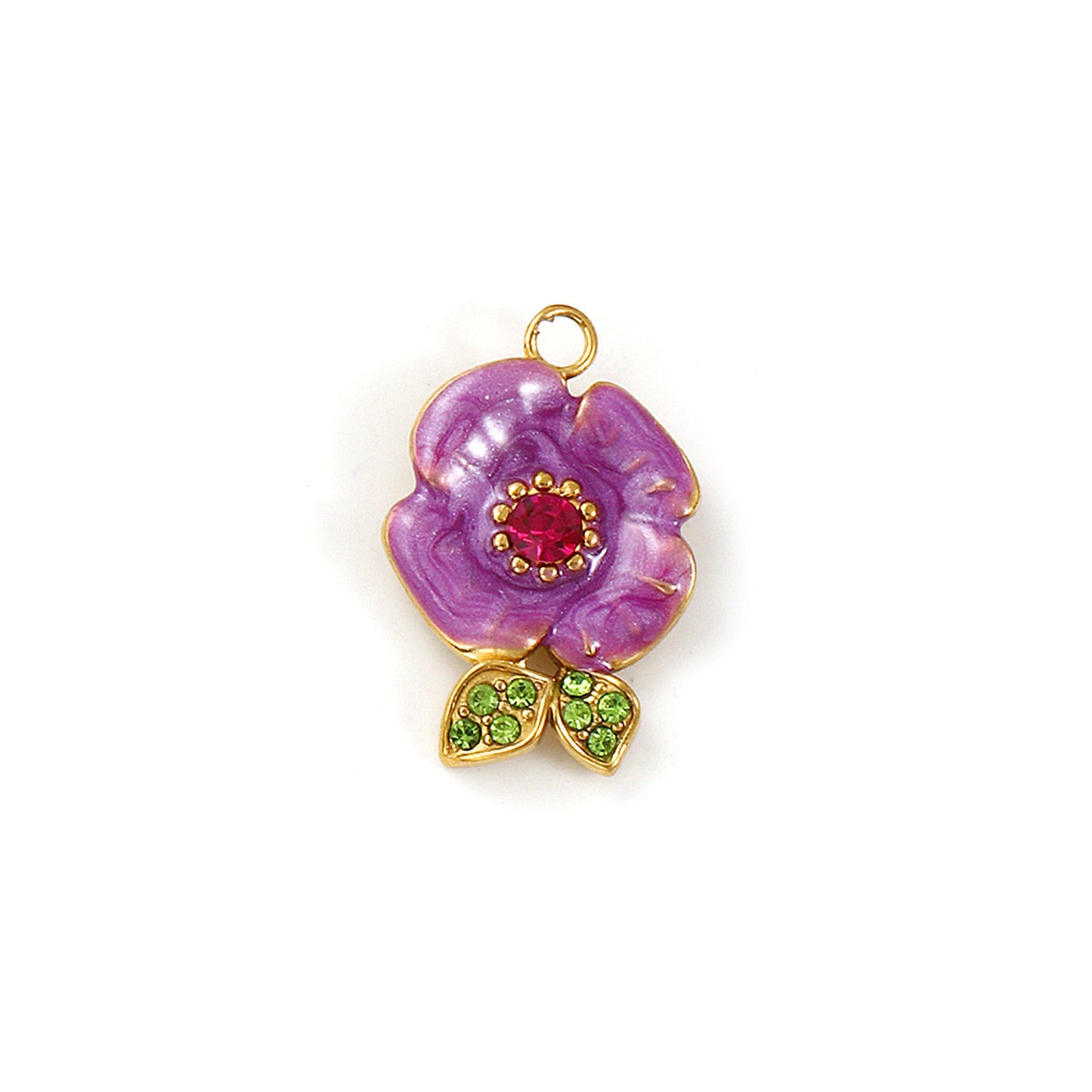 Charms Fleur Rose Feuille - Strass - Email Violet Vert