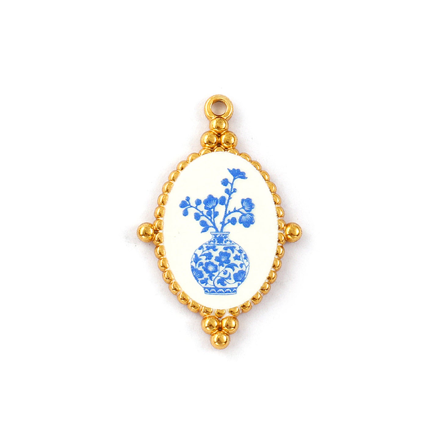 Charms Médaille Ovale Email Bleu Blanc Vase Fleu