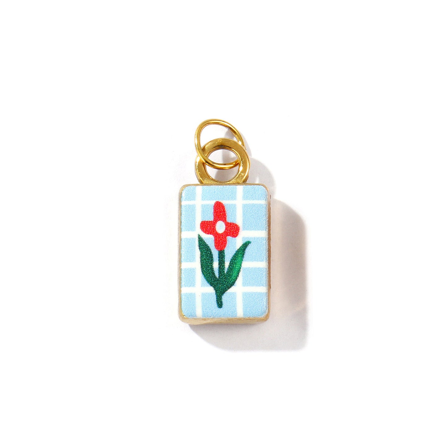 Charms Médaille Ovale Email Bleu Rouge Fleur