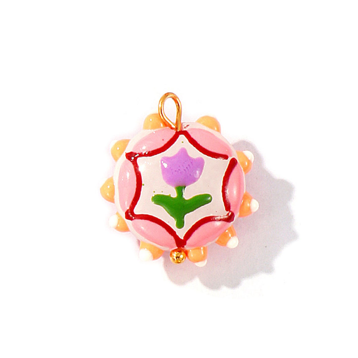 Charms Perle Céramique Médaille Cercle Fleur Tulipe - Email Blanc Rose Violet Rouge Fuschia