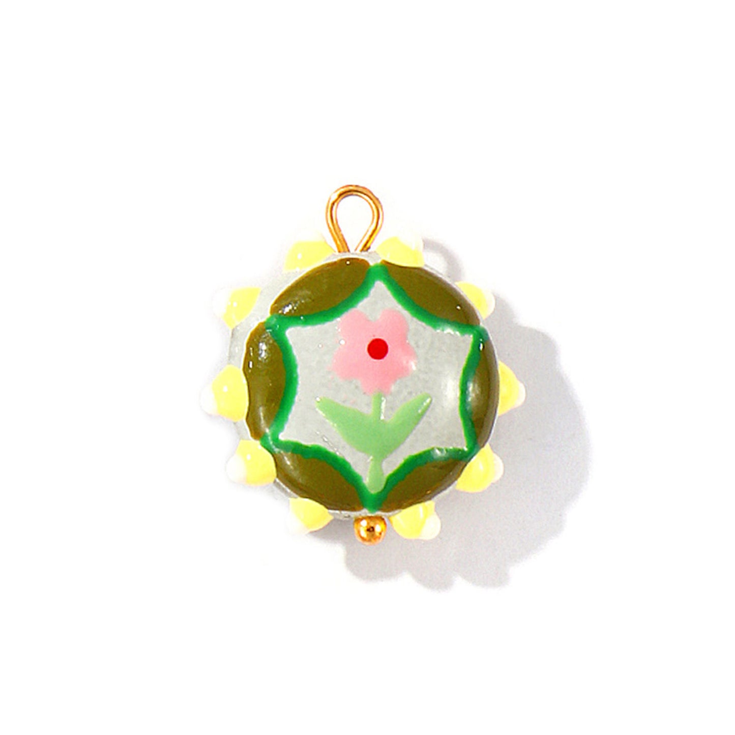 Charms Perle Céramique Médaille Cercle Fleur - Email Blanc Vert Jaune Rose