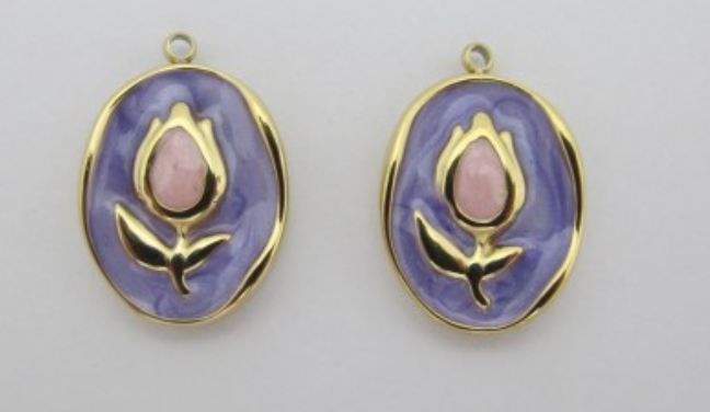 Charms Médaille Tulipe fleur émail violet & rose