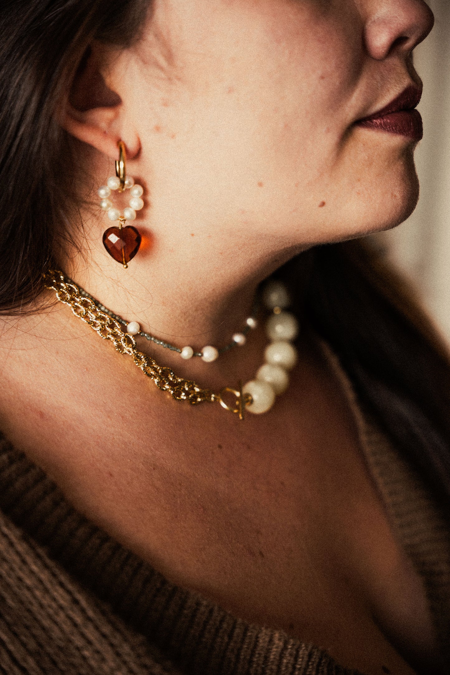 Boucles Abel - Perles d'eau douce & coeur caramel