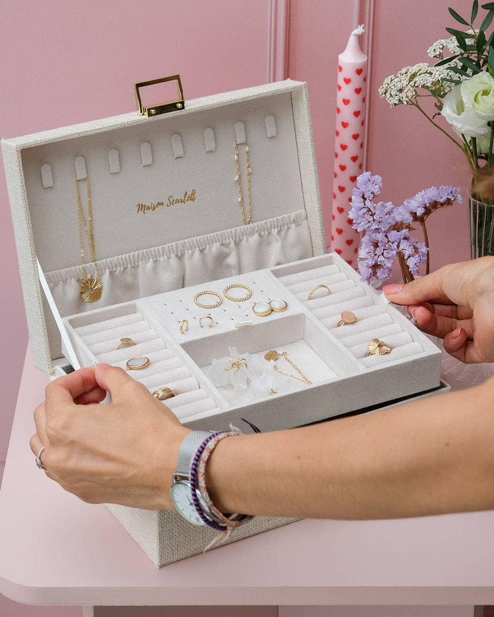 Boîte à bijoux Louise - Effet lin Beige