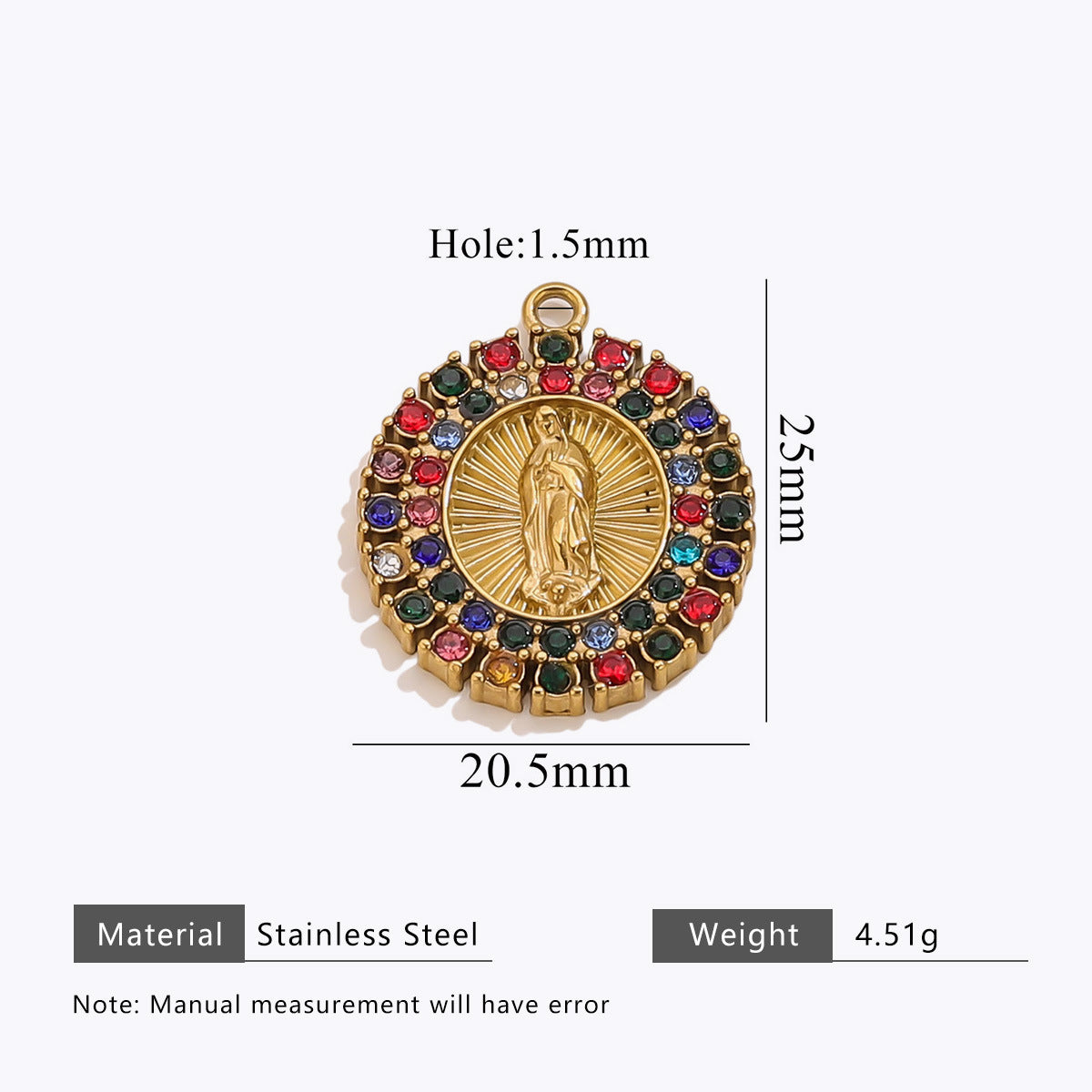 Charms Médaille Cercle Vierge Marie - Strass Multicolore