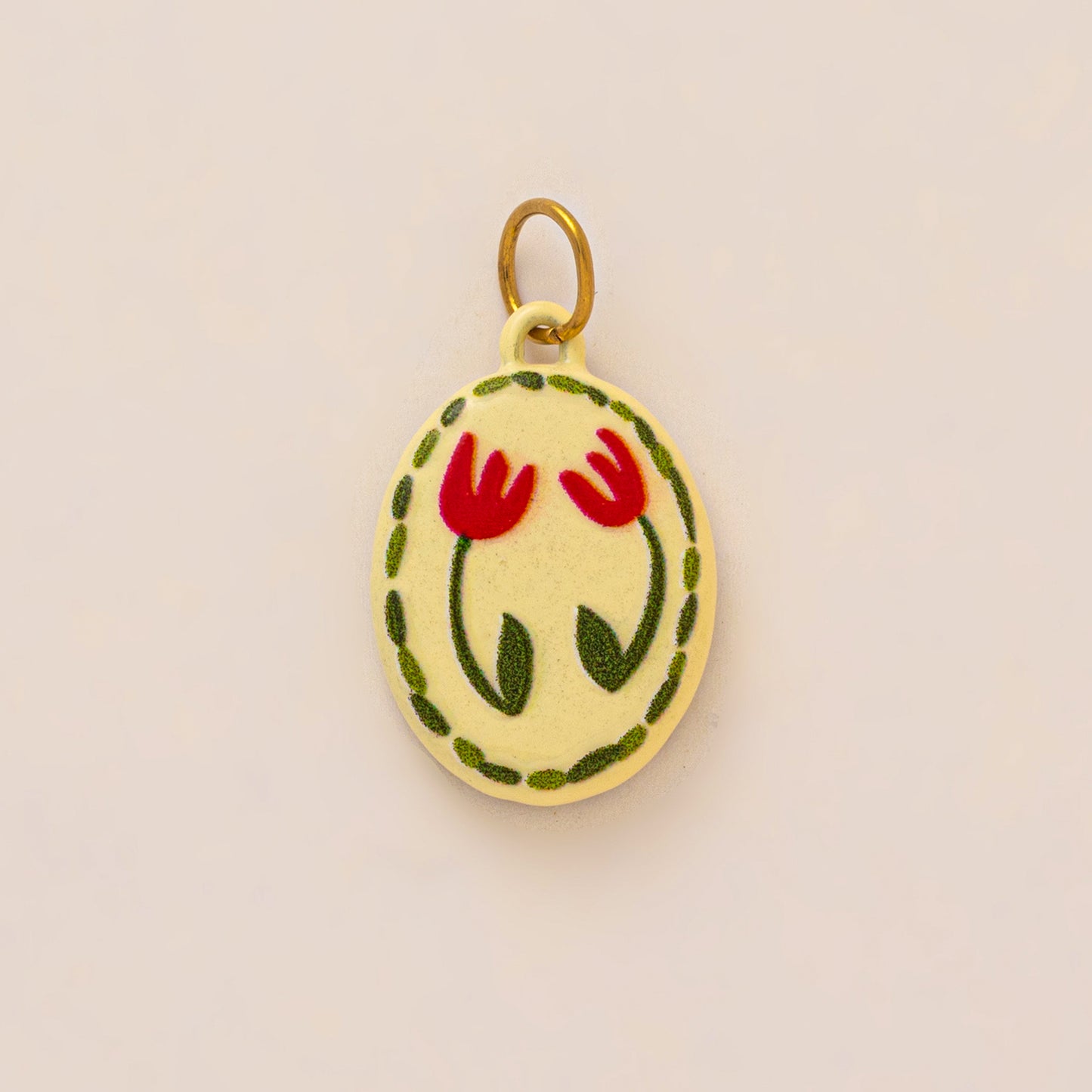 Charms Médaille Ovale Tulipe Fleur - Email Jaune Vert Rouge