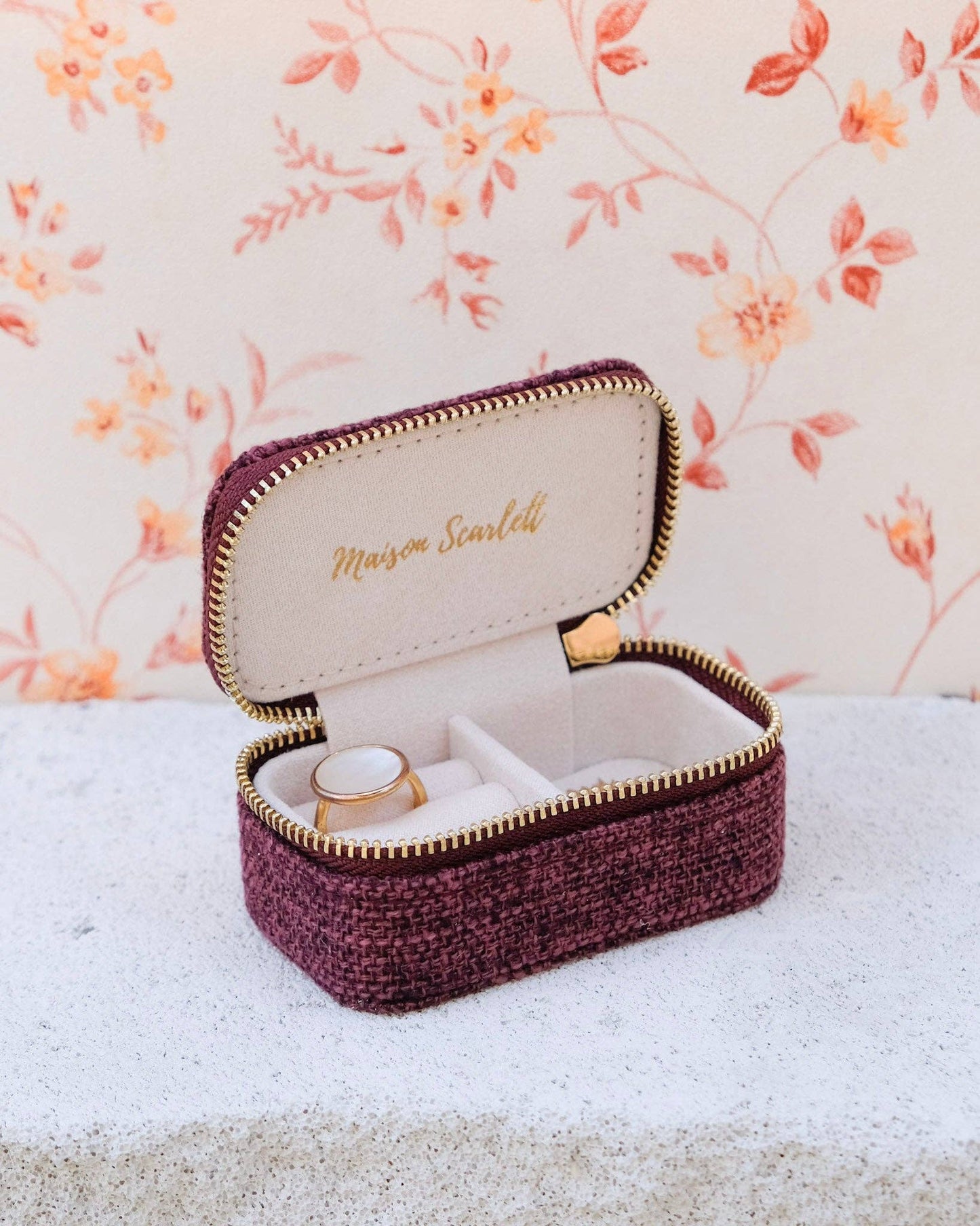 Mini boîte à bijoux de voyage Marie - Effet lin Bordeaux