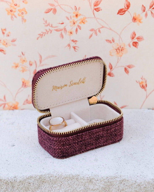Mini boîte à bijoux de voyage Marie - Effet lin Bordeaux