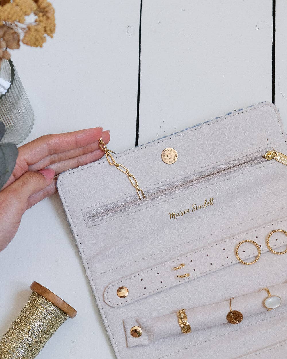 Pochette à bijoux Catherine - Pied de poule Rose