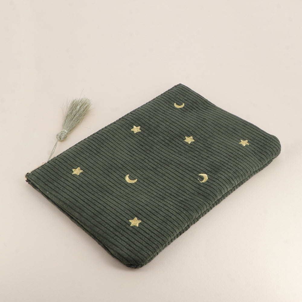 Pochette Ysia en velours brodé - Kaki