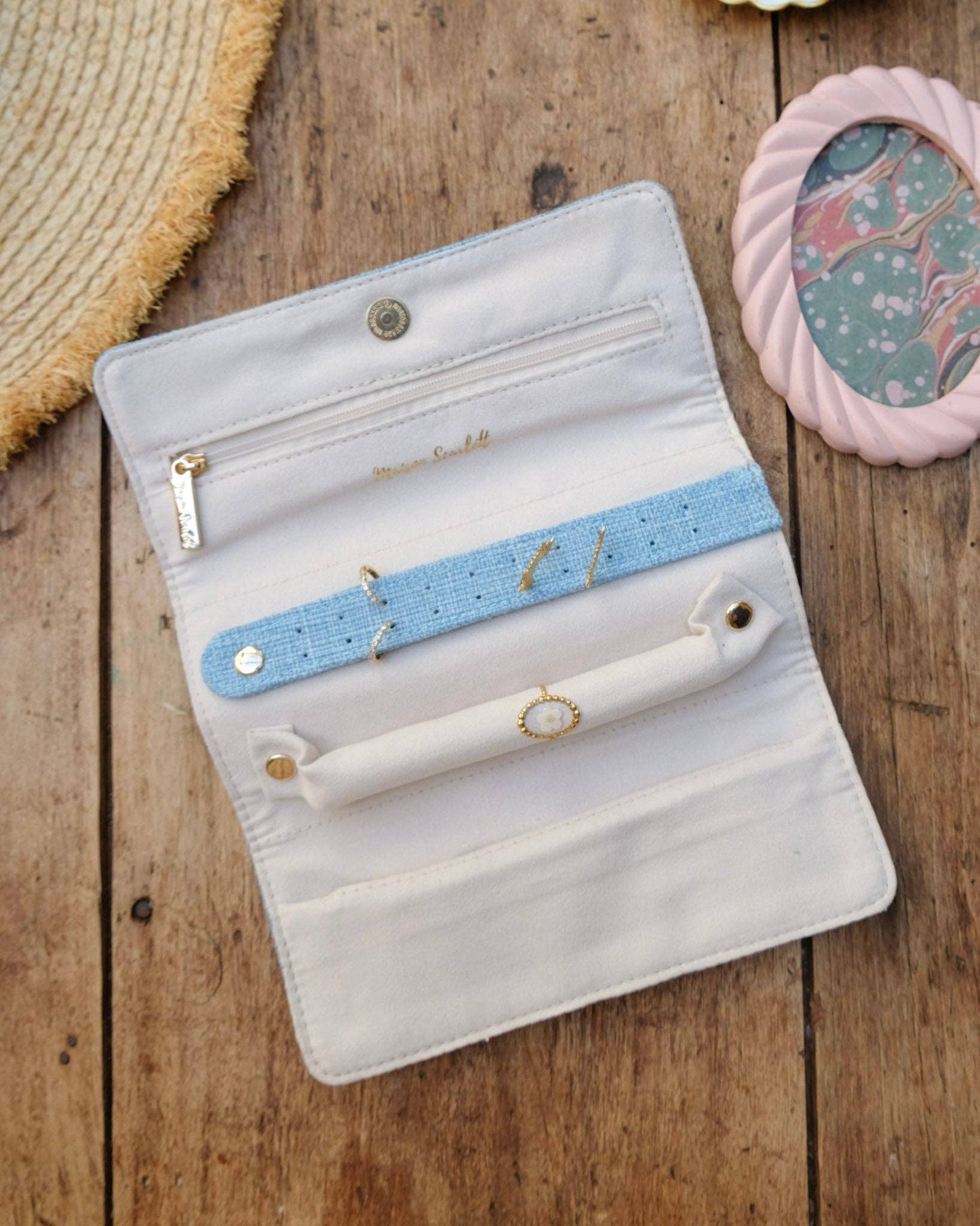 Pochette à bijoux Catherine - Effet lin Bleu