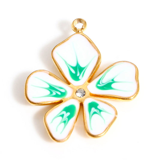 Charms Fleur Strass - Email Blanc Vert