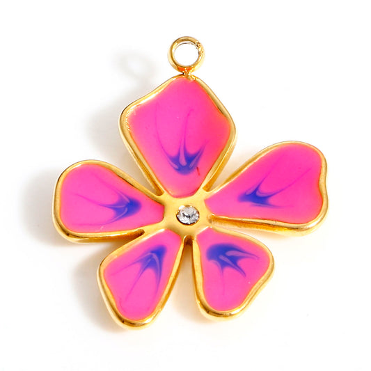 Charms Fleur Strass - Email Bleu Rose