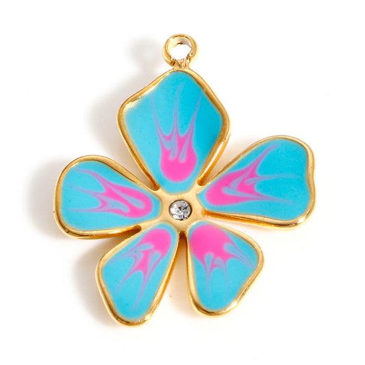 Charms Fleur Strass - Email Bleu Turquoise Rose
