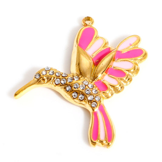 Charms Oiseau Colibri Strass & émail rose