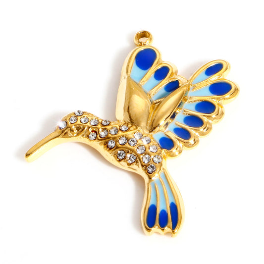 Charms Oiseau Colibri Strass & émail bleu