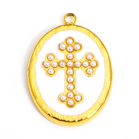 Charms Médaille Ovale Croix Email blanc