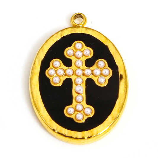 Charms Médaille Ovale Croix Email noir