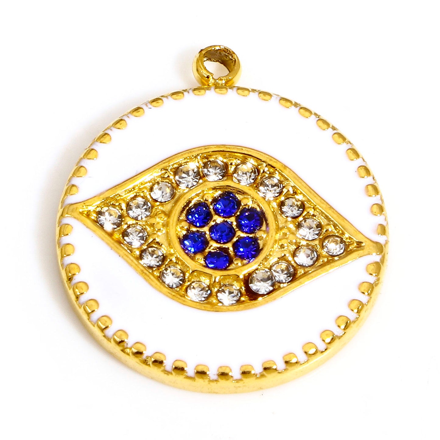 Charms Médaille Ronde Oeil Strass Email blanc