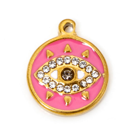 Charms Médaille Oeil Strass - Email Rose
