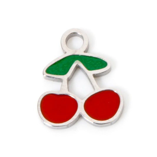 Charms Cerise petite émail rouge et verte - Argent