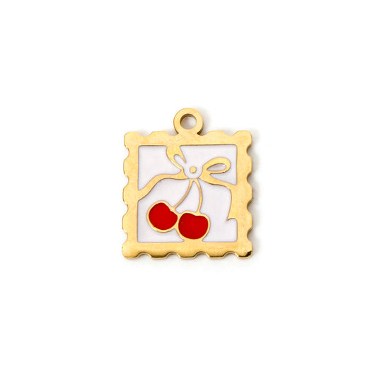 Charms Médaille Carré Cerise émail blanc & rouge