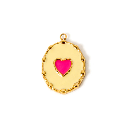 Charms Médaille Ovale Coeur émail jaune & rose