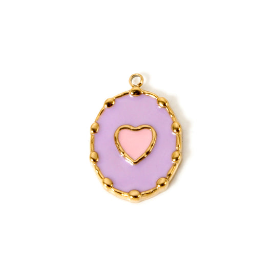 Charms Médaille Ovale Coeur émail violet & rose