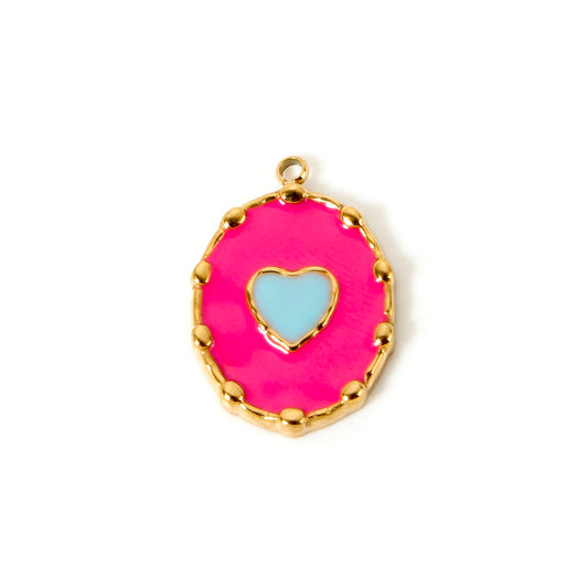 Charms Médaille Ovale Coeur émail rose & bleu