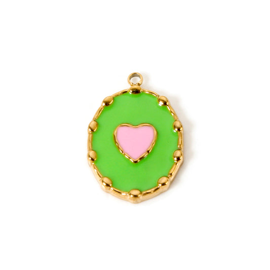 Charms Médaille Ovale Coeur émail vert & rose