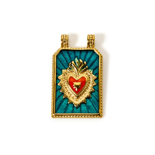 Charms Médaille Rectangle Coeur Ex Voto - Email Turquoise Vert