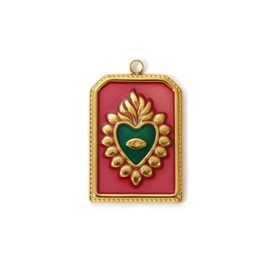 Charms Médaille Rectangle Coeur Ex Voto - Email Rose Vert