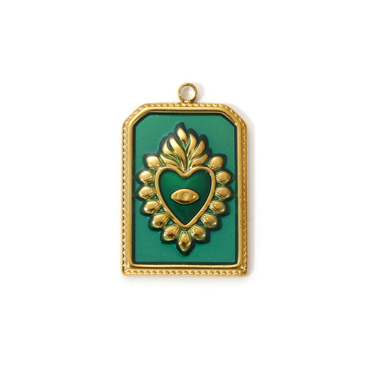 Charms Médaille Rectangle Coeur Ex Voto - Email Vert