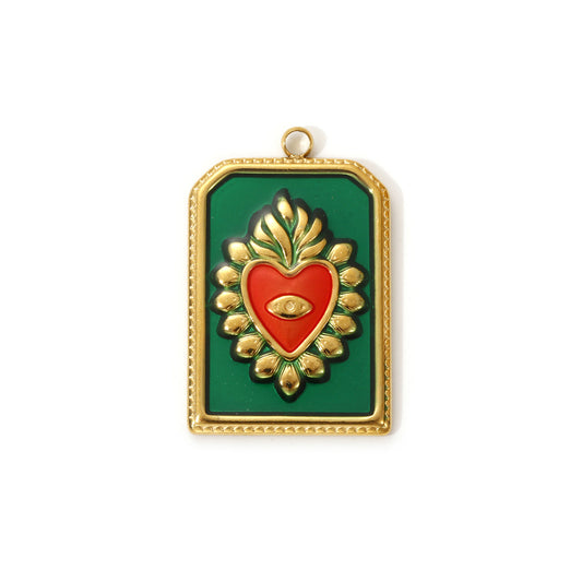 Charms Médaille Rectangle Coeur Ex Voto - Email Vert Rouge