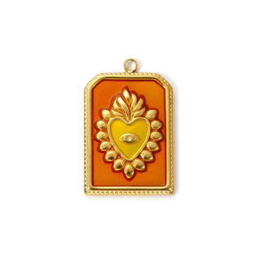 Charms Médaille Rectangle Coeur Ex Voto - Email Orange Jaune