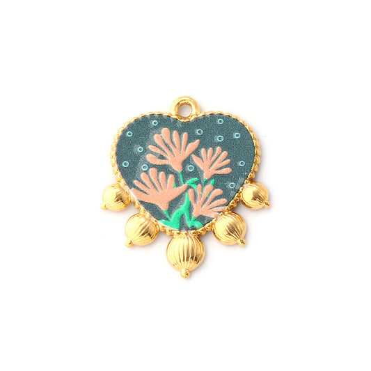 Charms Médaille Coeur Fleur Bleu Rose