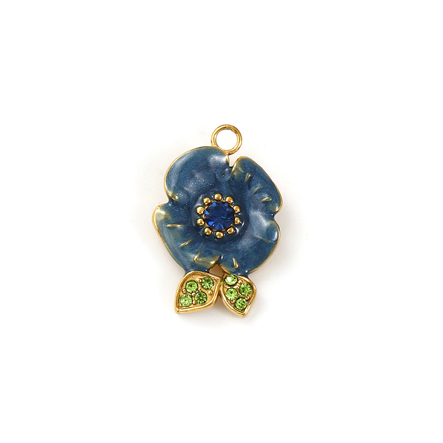 Charms Fleur Rose Feuille - Strass - Email Bleu Vert