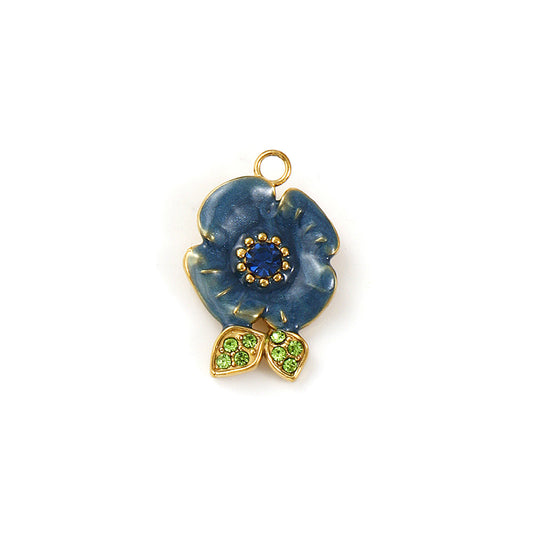 Charms Fleur Rose Feuille - Strass - Email Bleu Vert