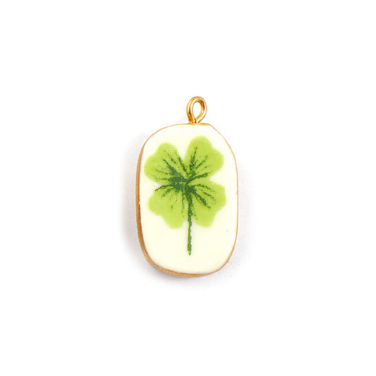 Charms Médaille Ovale Blanc Trefle Vert
