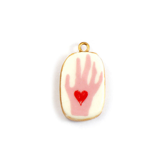Charms Médaille Ovale Blanc Main Rose Coeur rouge