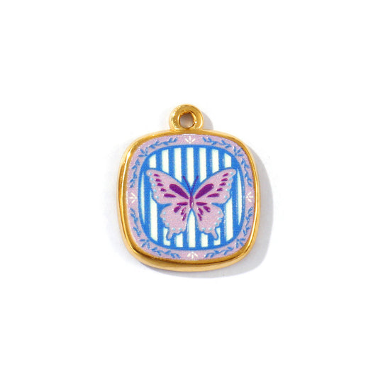 Charms Médaille Carrée Papillon - Bleu Violet