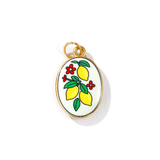 Charms Médaille Ovale Email Blanc jaune Citrons