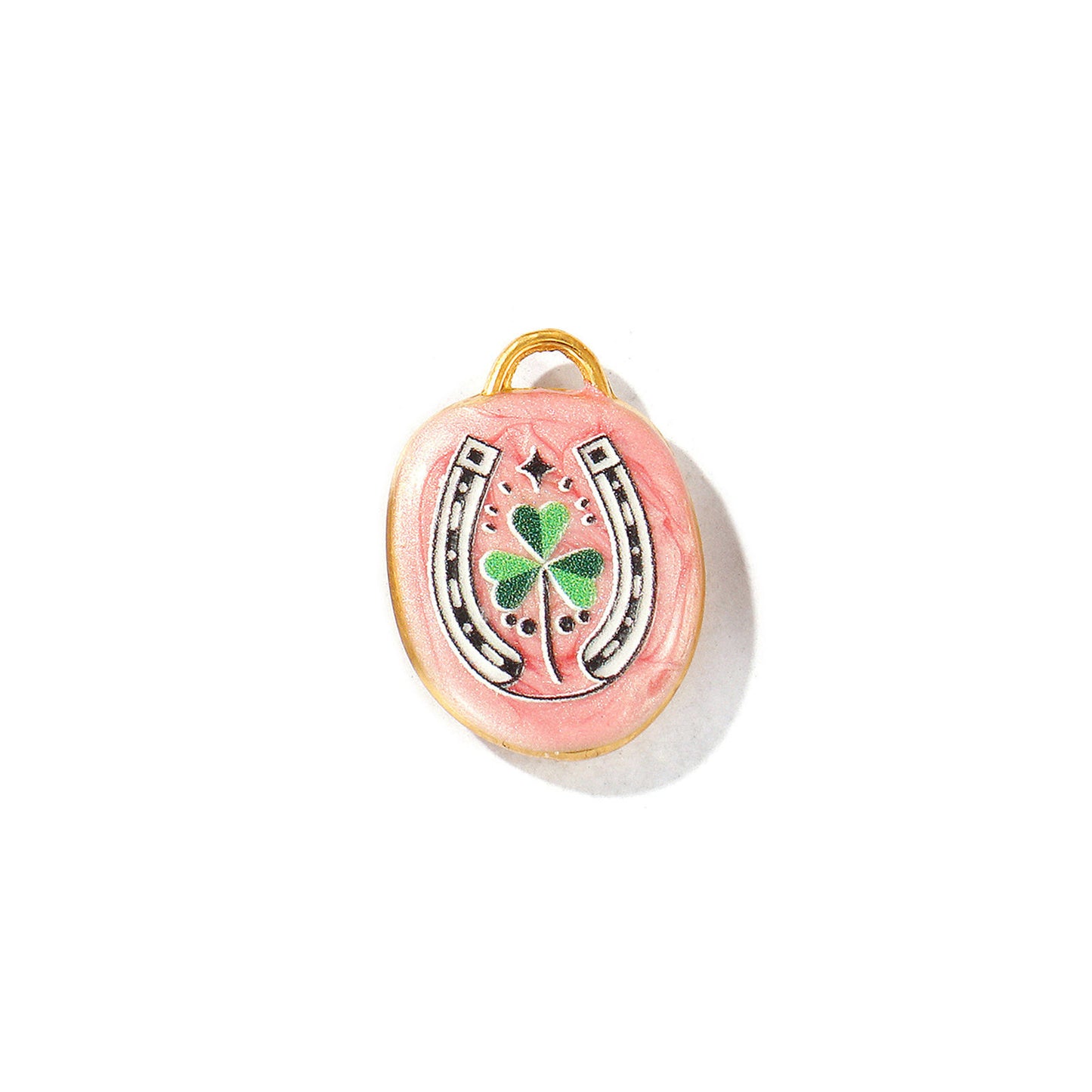 Charms Médaille Chance Ovale Trefle Fer cheval - Rose Vert