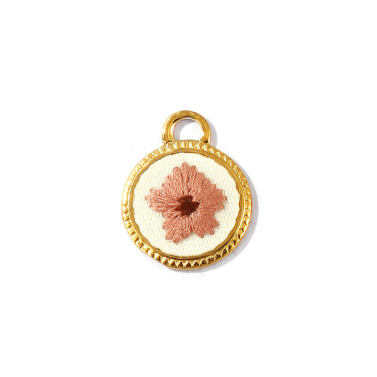 Charms Médaille Cercle broderie Fleur - Beige Marron Blanc