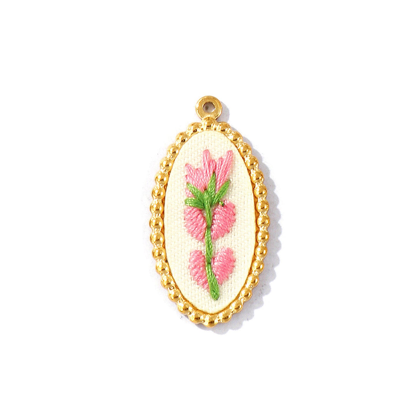 Charms Médaille Cercle broderie Fleur - Rose Blanc