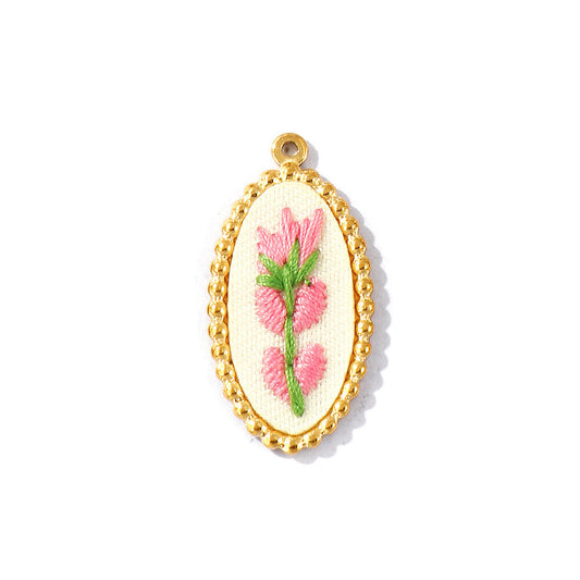 Charms Médaille Cercle broderie Fleur - Rose Blanc