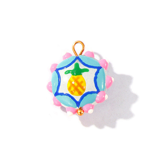 Charms Perle Céramique Médaille Cercle Ananas - Email Blanc Rose Bleu Jaune